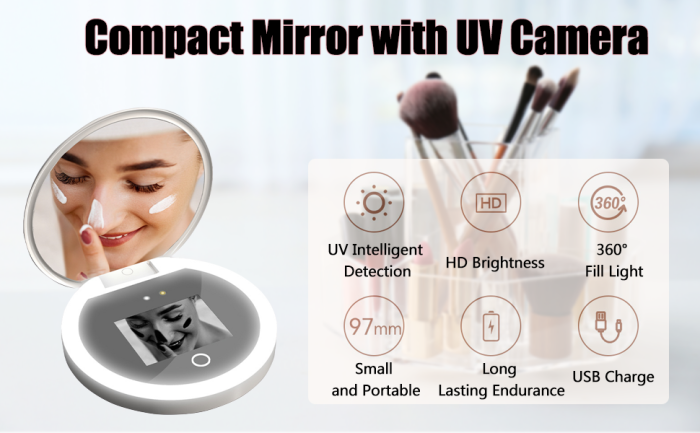 Portable Travel UV Camera for Sunscreen Test 1X/2X Magnification Compact Mirror with Light