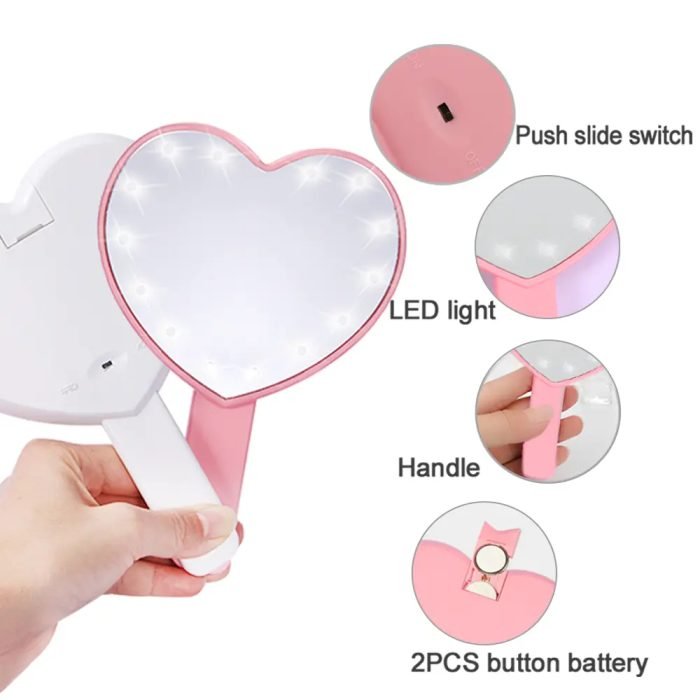 Heart Plastic Pink Cosmetic Gift Touch Switch Pocket Hand Held salon LED Make up Compact Mirror