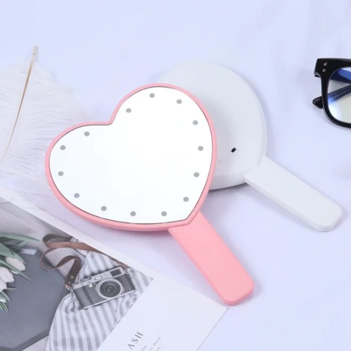 Heart Plastic Pink Cosmetic Gift Touch Switch Pocket Hand Held salon LED Make up Compact Mirror