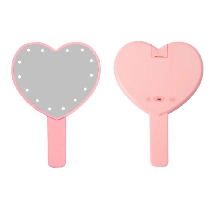 Heart Plastic Pink Cosmetic Gift Touch Switch Pocket Hand Held salon LED Make up Compact Mirror