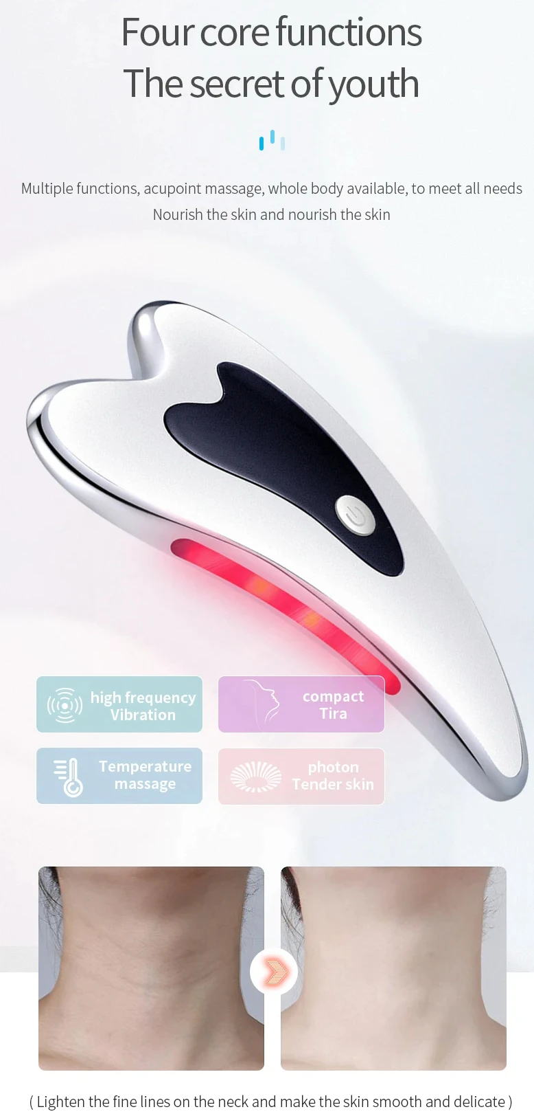 Red LED Light Stainless Steel Guasha Facial Lifting Tool OEM