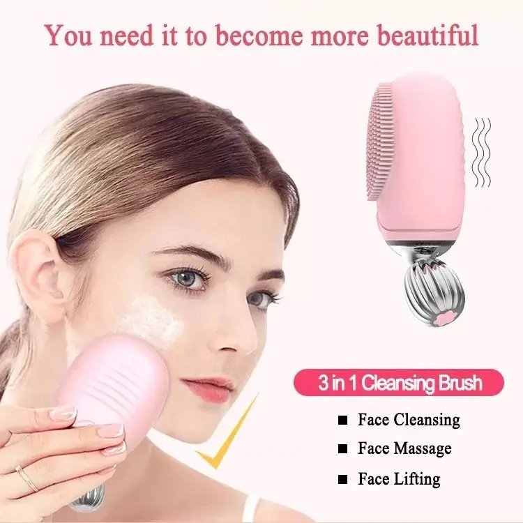 High Frequency Vibration Waterproof IPX7 Rechargeable Silicone Facial Cleansing Brush Face Roller