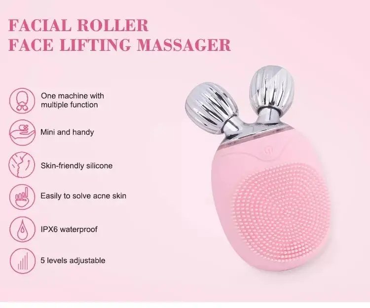 High Frequency Vibration Waterproof IPX7 Rechargeable Silicone Facial Cleansing Brush Face Roller