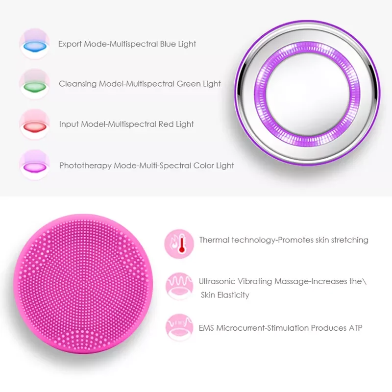 3 Color Led Light Heating EMS Face Cleanser Massage Facial Cleaning Brush Skin Scrubber Washing Brush