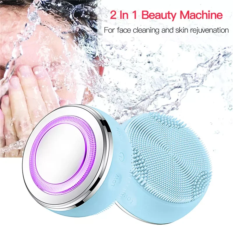 3 Color Led Light Heating EMS Face Cleanser Massage Facial Cleaning Brush Skin Scrubber Washing Brush