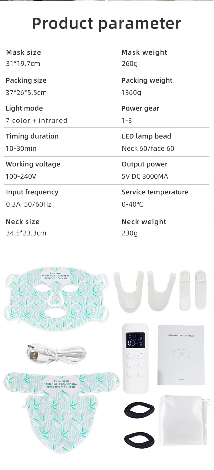 8 Colors 830nm 630nm Red LED Lamp Silicone Face and Neck Lift LED Face Mask