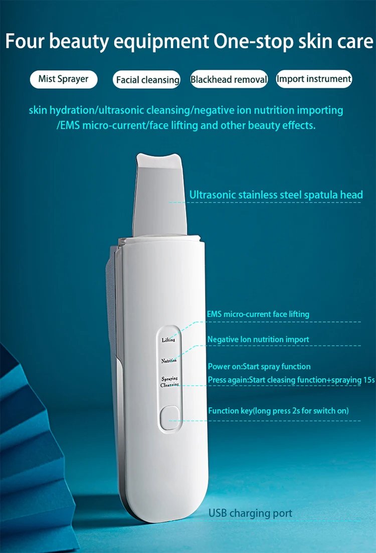 Beauty Equipment Stainless Steel Ultrasonic Mist Sprayer Skin Scrubber Face Skin Spatula Blackhead Remover