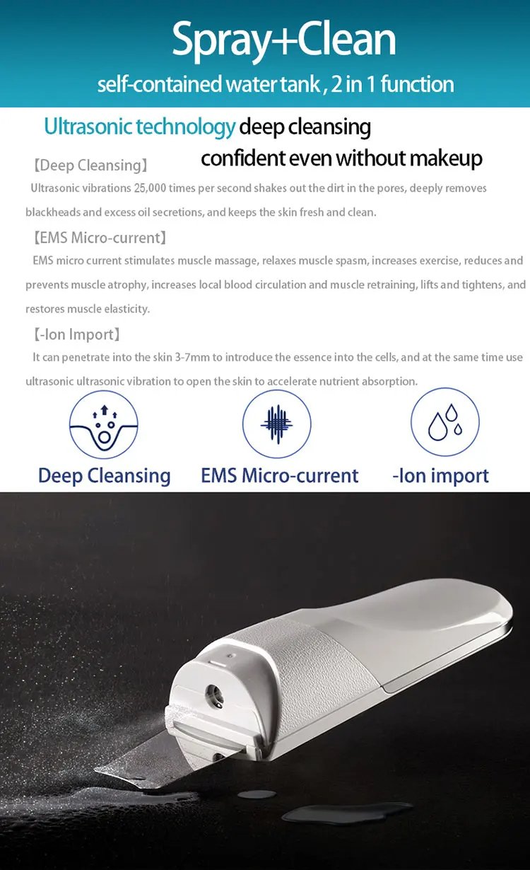 Beauty Equipment Stainless Steel Ultrasonic Mist Sprayer Skin Scrubber Face Skin Spatula Blackhead Remover