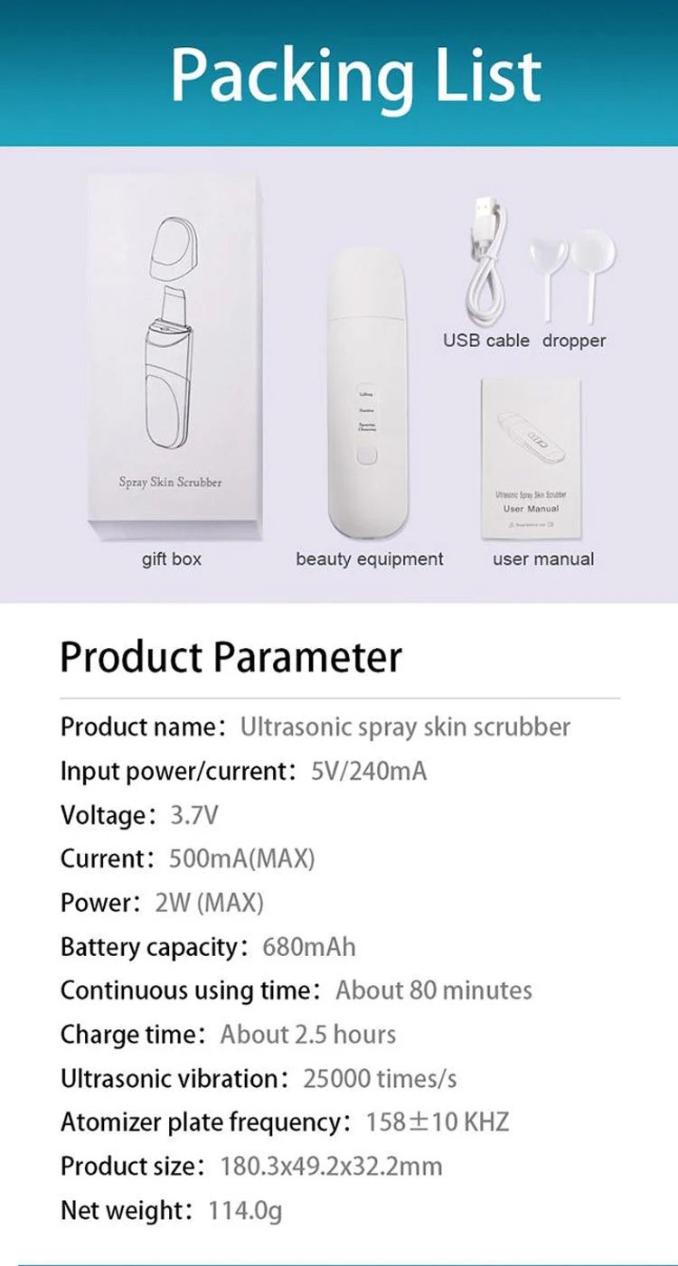 Beauty Equipment Stainless Steel Ultrasonic Mist Sprayer Skin Scrubber Face Skin Spatula Blackhead Remover