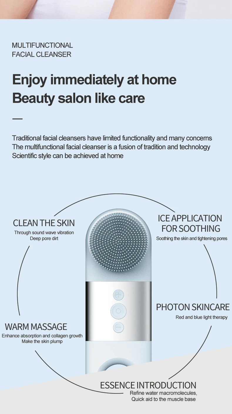Electric Facial Cleansing Brush Skin Care Heat Cold Massage Silicone Waterproof Face Scrubber Exfoliator with LED Red Blue Light