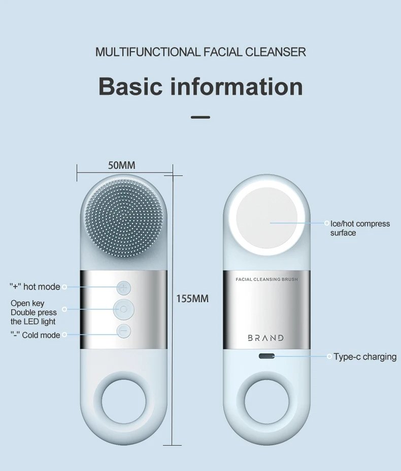 Electric Facial Cleansing Brush Skin Care Heat Cold Massage Silicone Waterproof Face Scrubber Exfoliator with LED Red Blue Light