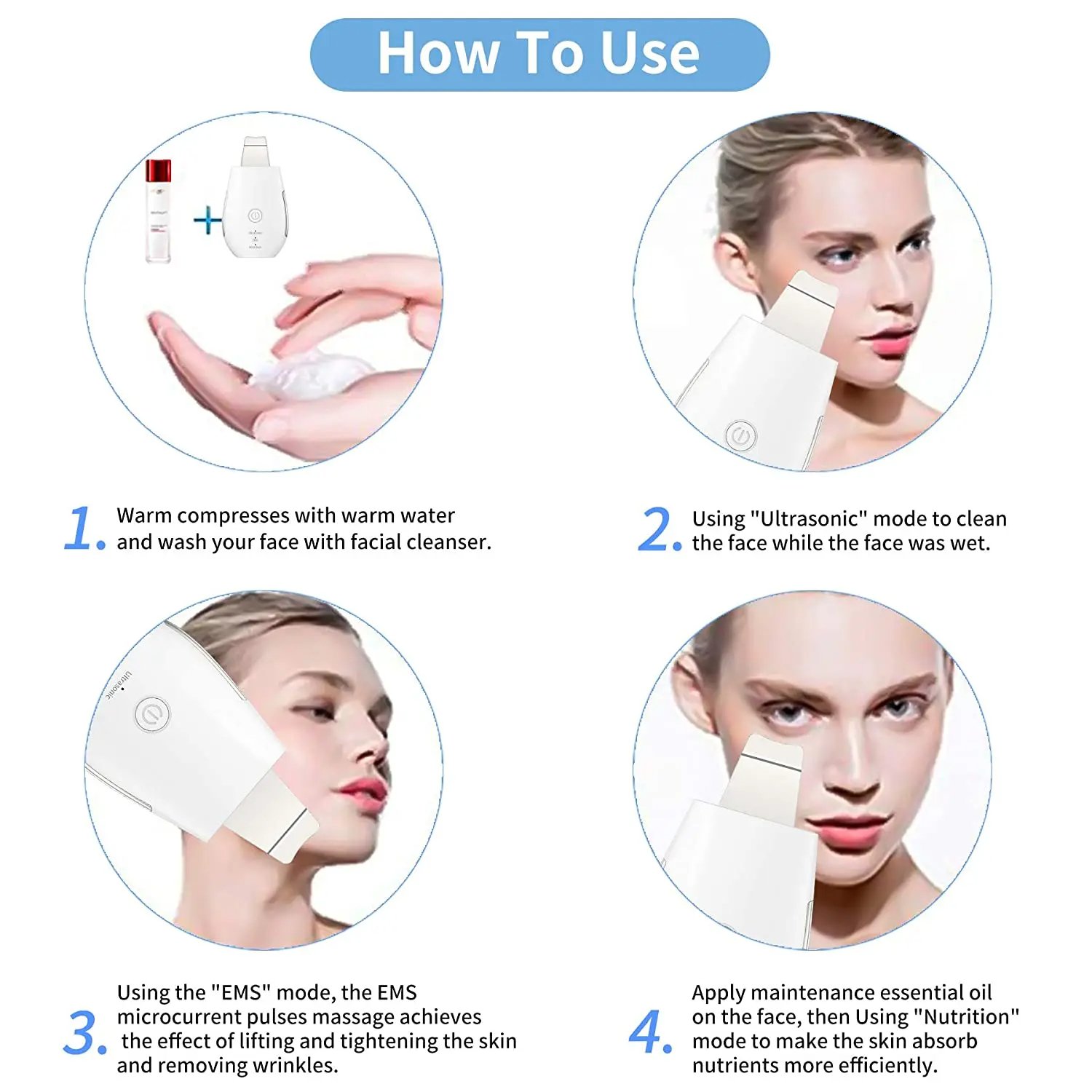 Face Deep Cleansing Skin Scrubber Ultrasonic EMS High Frequency Face Cleaning Machine