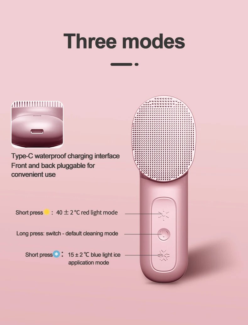 IPX7 Waterproof 3 in 1 High Frequency Vibration Electric Warm Cold Red Blue LED Light Facial Cleansing Brush Soft Silicone Face Scrubber
