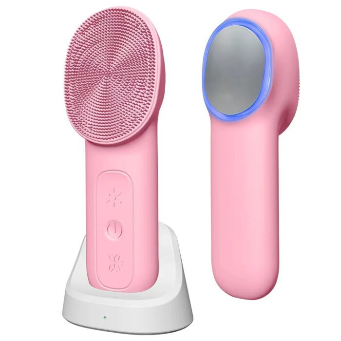 IPX7 Waterproof 3 in 1 High Frequency Vibration Electric Warm Cold Red Blue LED Light Facial Cleansing Brush Soft Silicone Face Scrubber