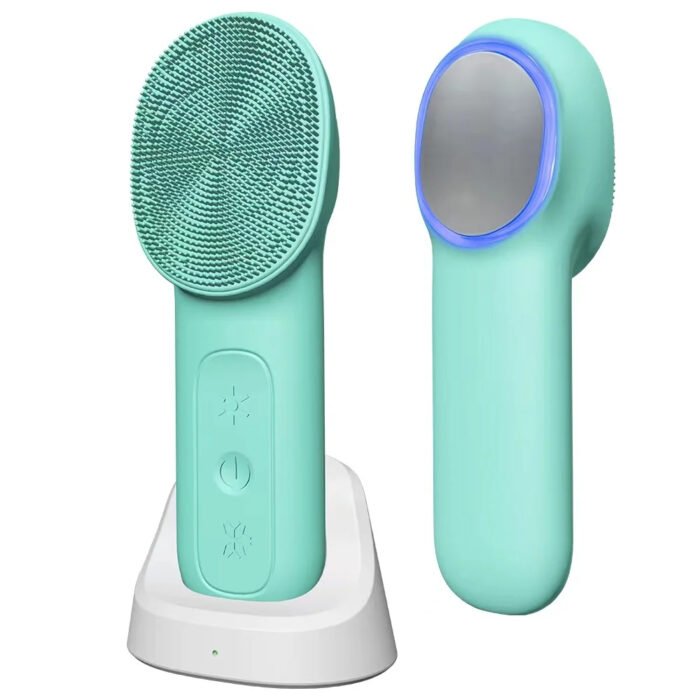 IPX7 Waterproof 3 in 1 High Frequency Vibration Electric Warm Cold Red Blue LED Light Facial Cleansing Brush Soft Silicone Face Scrubber