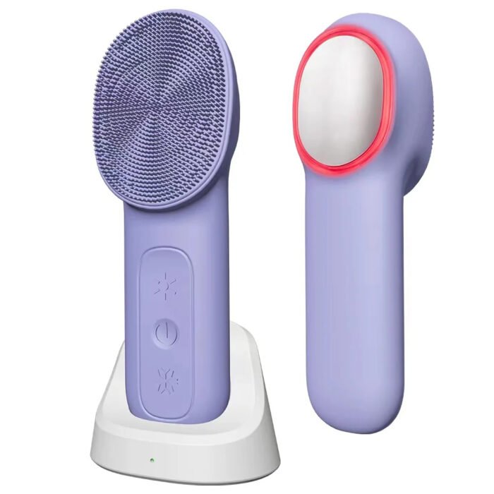 IPX7 Waterproof 3 in 1 High Frequency Vibration Electric Warm Cold Red Blue LED Light Facial Cleansing Brush Soft Silicone Face Scrubber