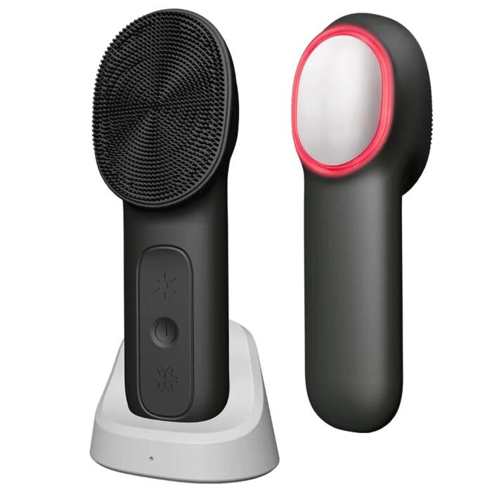 IPX7 Waterproof 3 in 1 High Frequency Vibration Electric Warm Cold Red Blue LED Light Facial Cleansing Brush Soft Silicone Face Scrubber