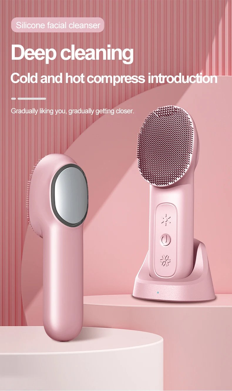 IPX7 Waterproof 3 in 1 High Frequency Vibration Electric Warm Cold Red Blue LED Light Facial Cleansing Brush Soft Silicone Face Scrubber