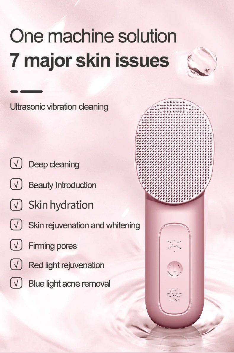 IPX7 Waterproof 3 in 1 High Frequency Vibration Electric Warm Cold Red Blue LED Light Facial Cleansing Brush Soft Silicone Face Scrubber