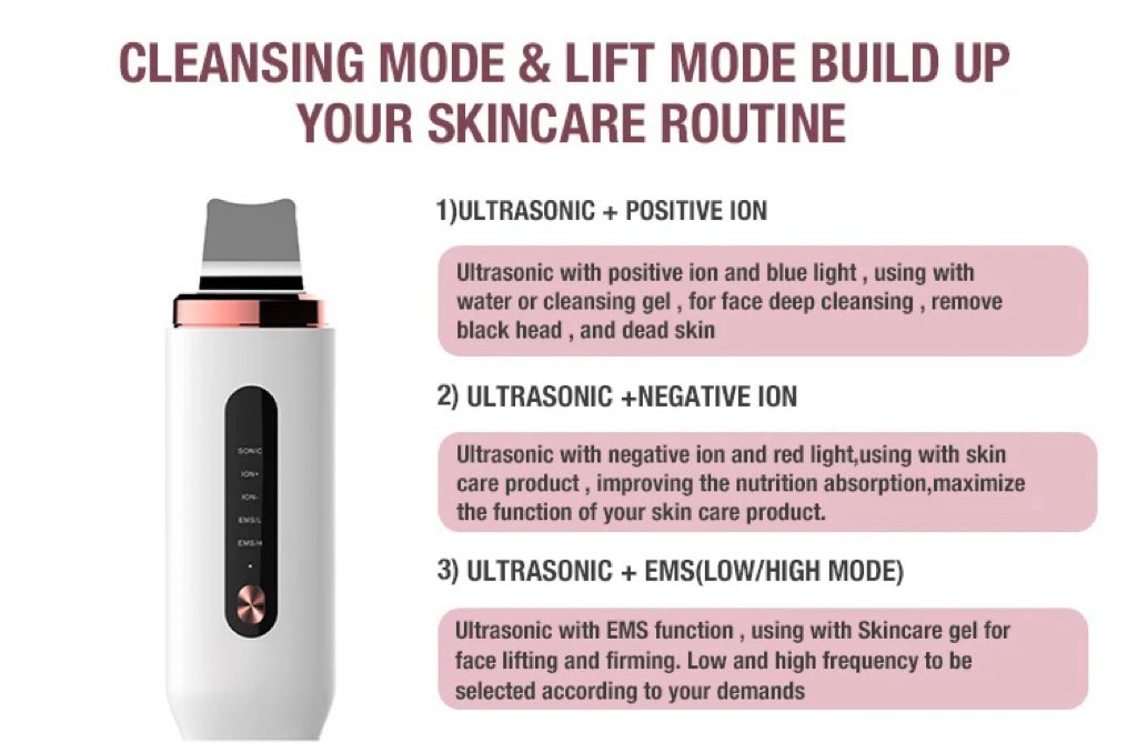 Professional Ultrasonic EMS Skin Scrubber Silicone Face Blackhead Remover RED Blue LED Light Deep Face Cleaning