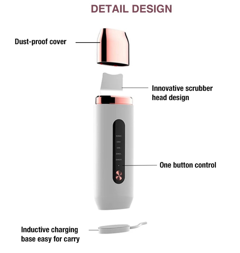 Professional Ultrasonic EMS Skin Scrubber Silicone Face Blackhead Remover RED Blue LED Light Deep Face Cleaning
