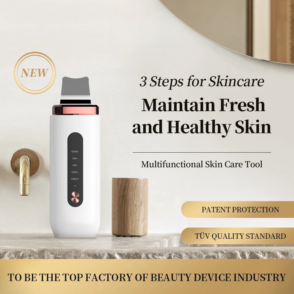 Professional Ultrasonic EMS Skin Scrubber Silicone Face Blackhead Remover RED Blue LED Light Deep Face Cleaning