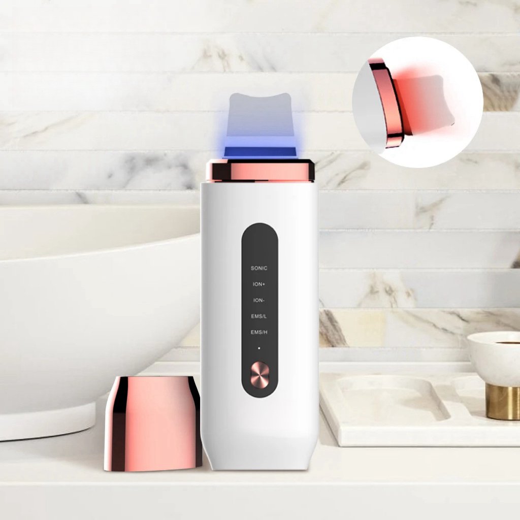 Professional Ultrasonic EMS Skin Scrubber Silicone Face Blackhead Remover RED Blue LED Light Deep Face Cleaning