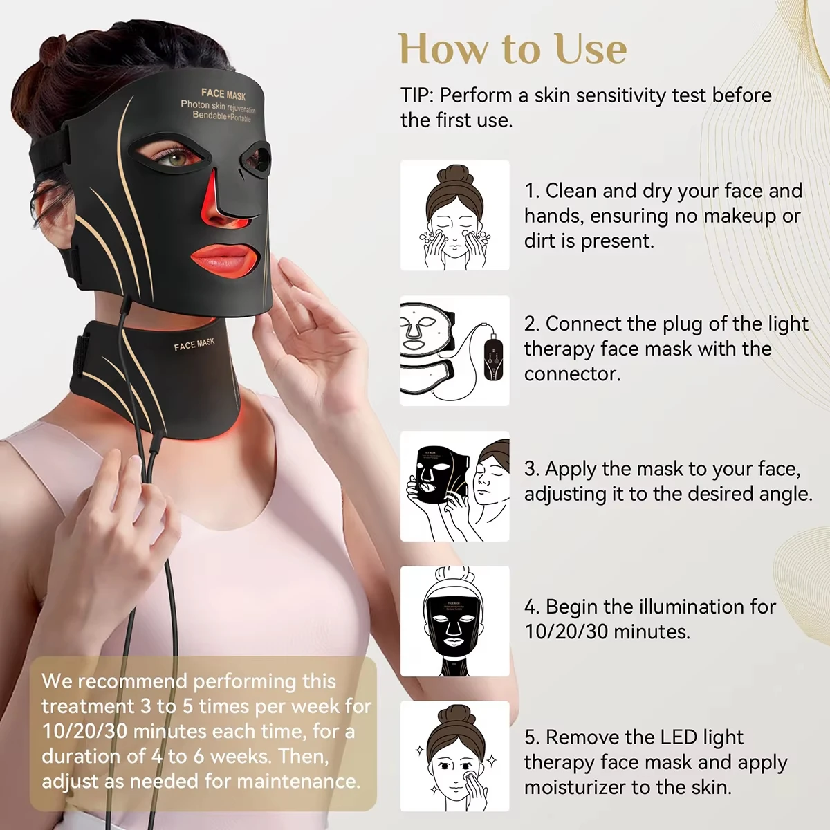 Red Light Photon Therapy Face Neck Mask 10min Time Set Daily Skincare Use