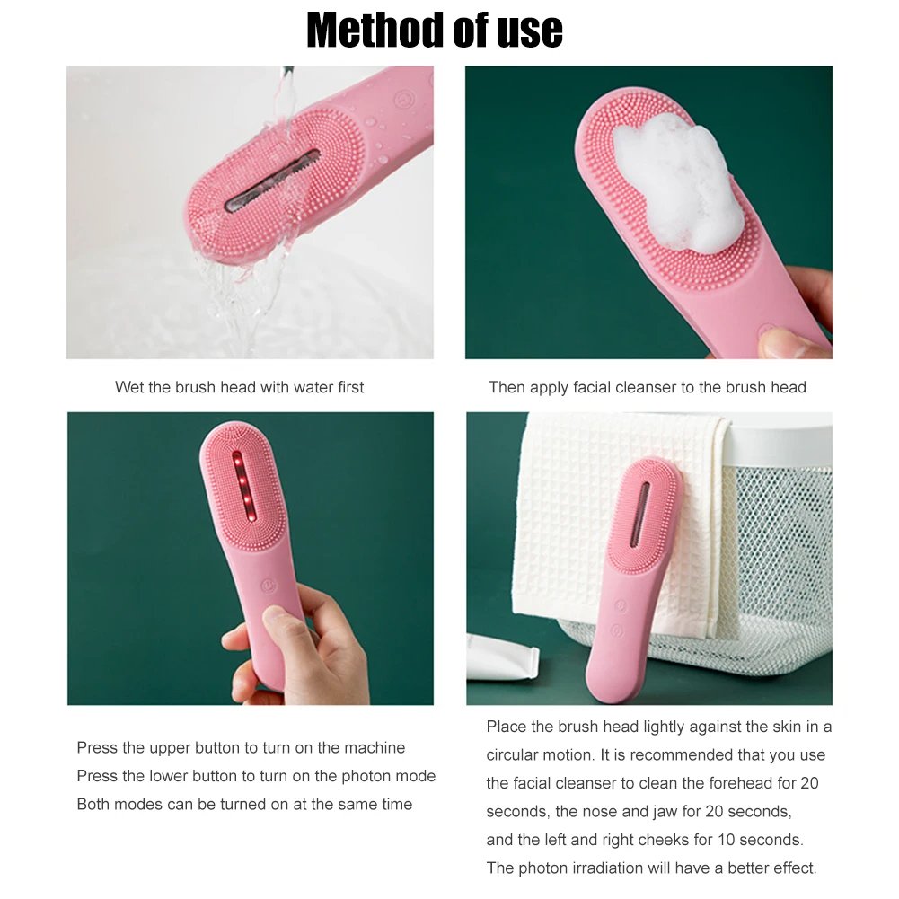 Silicone Led Photon Rejuvenation Anti Acne Cleanser Brush Facial Cleansing Vibration