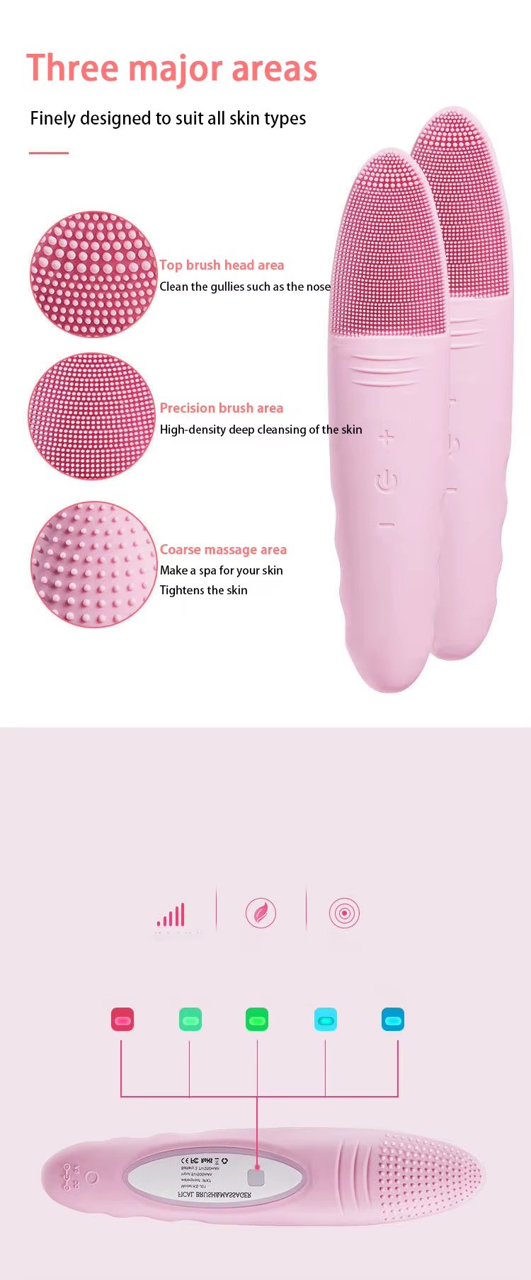 Deep Cleaning High Frequency Vibration IPX7 Waterproof Facial Cleansing Brush Silicone Head Brush