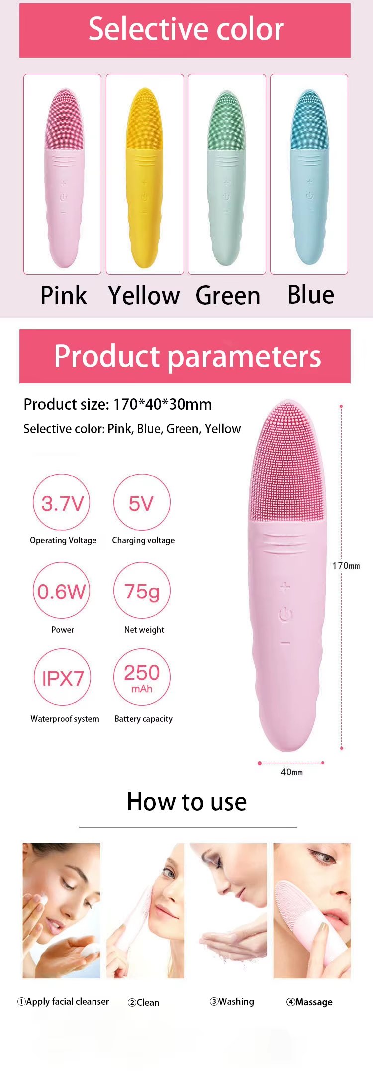 Deep Cleaning High Frequency Vibration IPX7 Waterproof Facial Cleansing Brush Silicone Head Brush