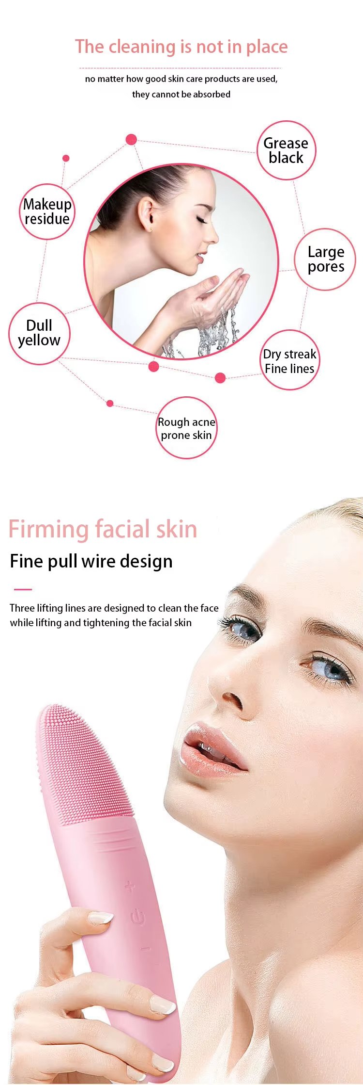Deep Cleaning High Frequency Vibration IPX7 Waterproof Facial Cleansing Brush Silicone Head Brush