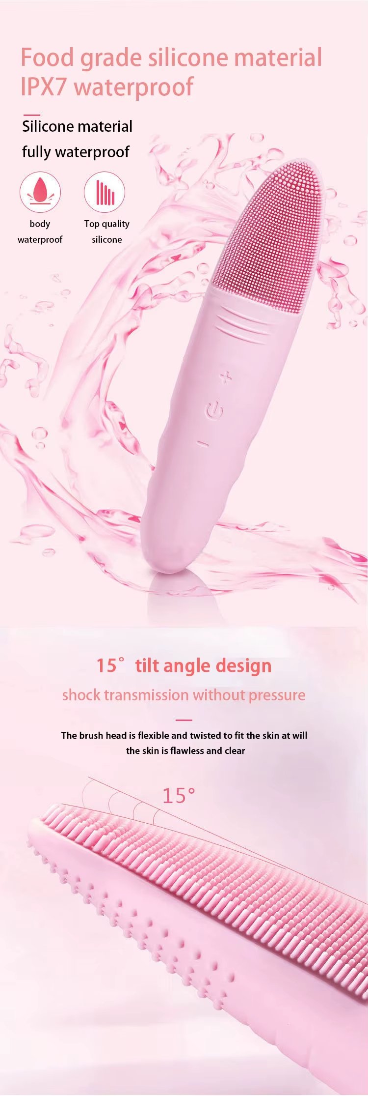 Deep Cleaning High Frequency Vibration IPX7 Waterproof Facial Cleansing Brush Silicone Head Brush