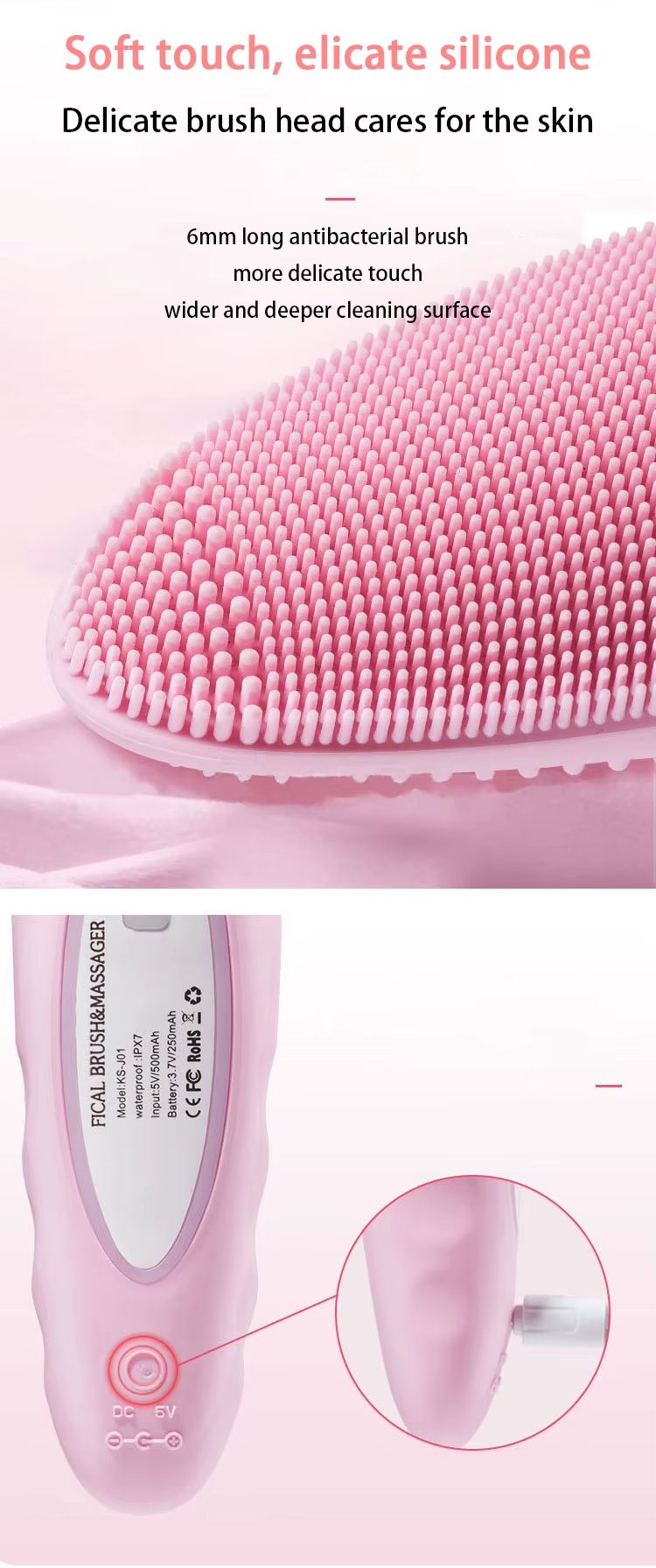Deep Cleaning High Frequency Vibration IPX7 Waterproof Facial Cleansing Brush Silicone Head Brush