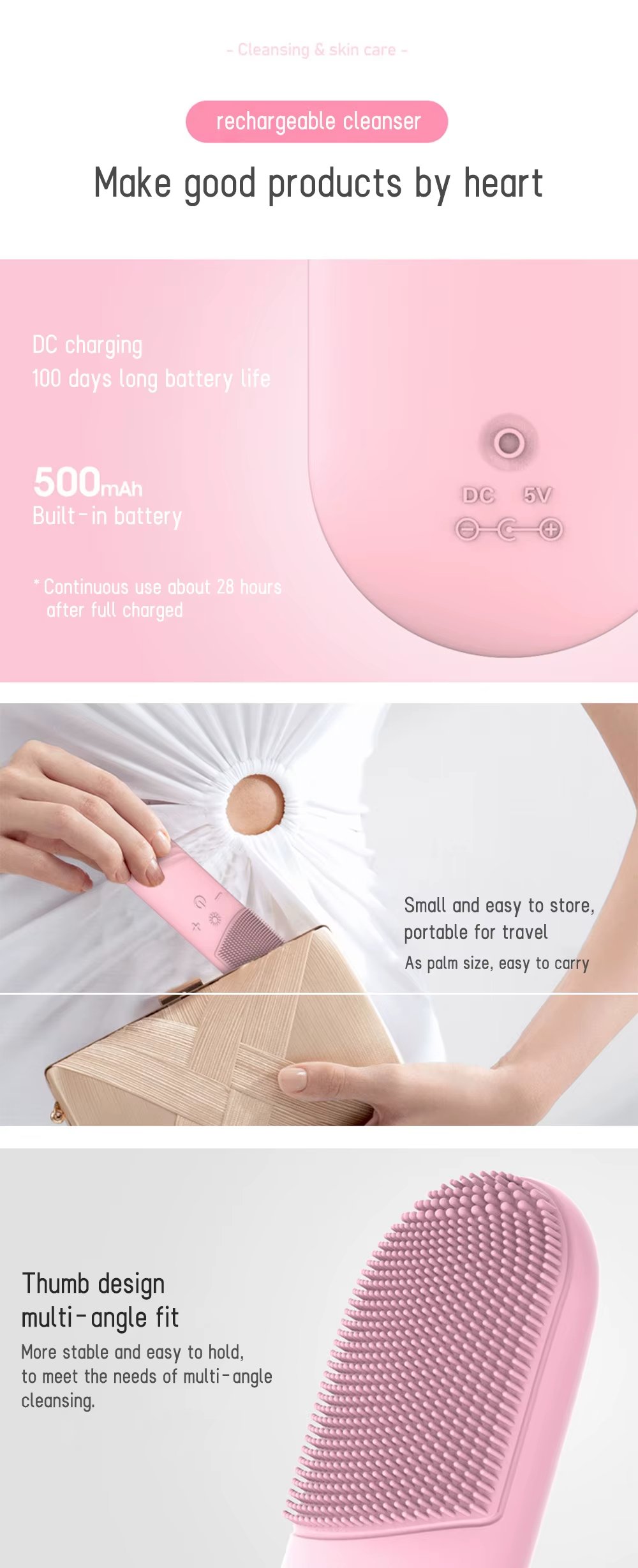 IPX7 Waterproof Constant Temperature Facial Cleansing Brush LED Red Blue Light Therapy