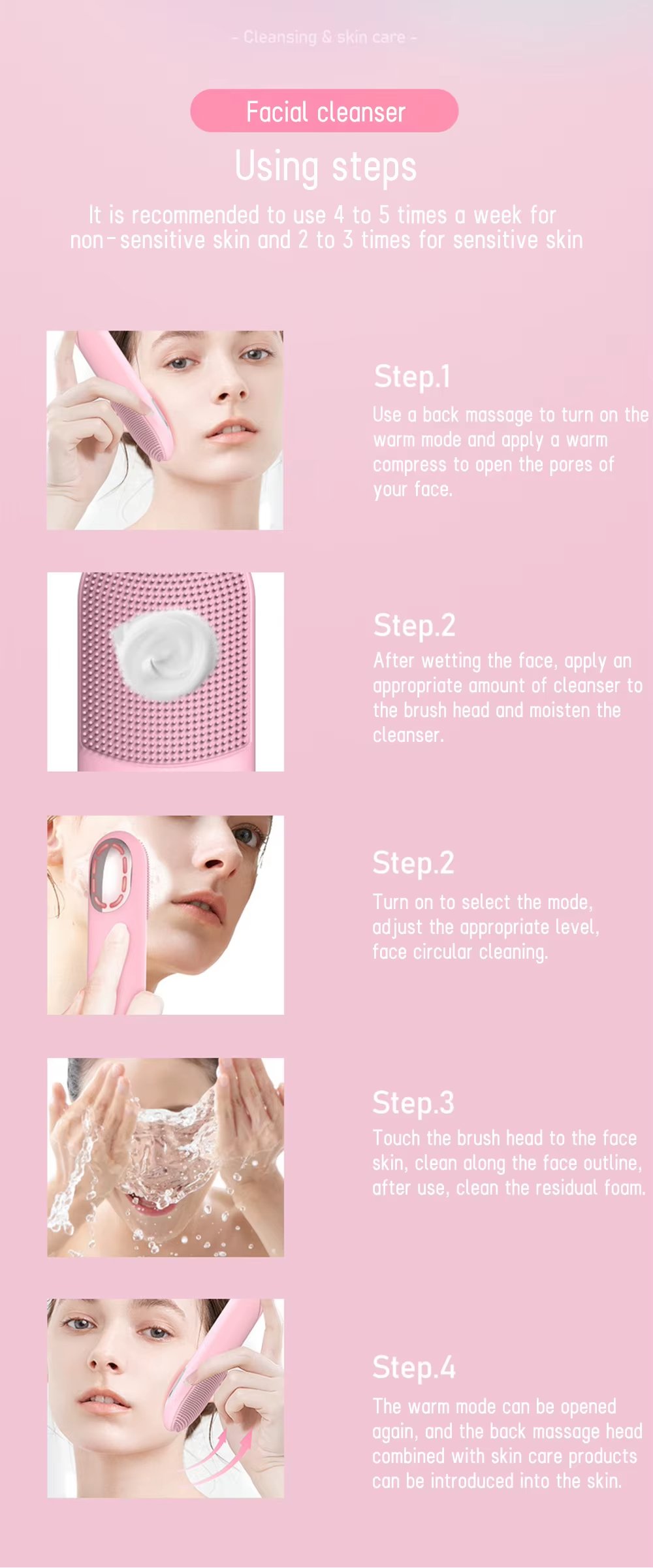 IPX7 Waterproof Constant Temperature Facial Cleansing Brush LED Red Blue Light Therapy