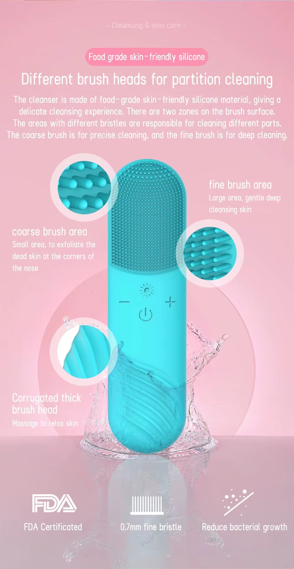IPX7 Waterproof Constant Temperature Facial Cleansing Brush LED Red Blue Light Therapy