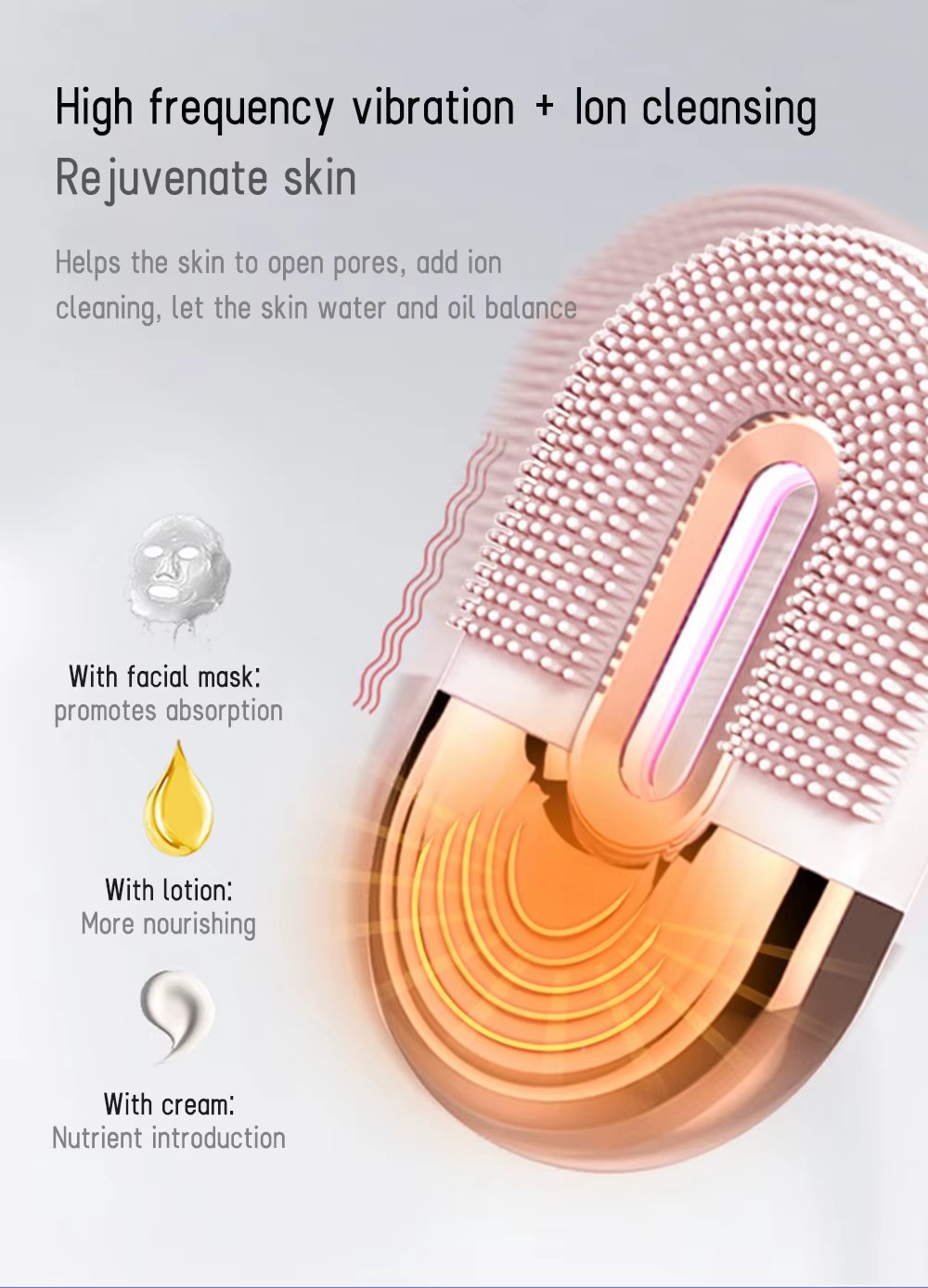 IPX7 Waterproof Personal Silicone Wireless Charging LED Red Light Therapy Deep Cleansing Vibration Facial Cleansing Brush