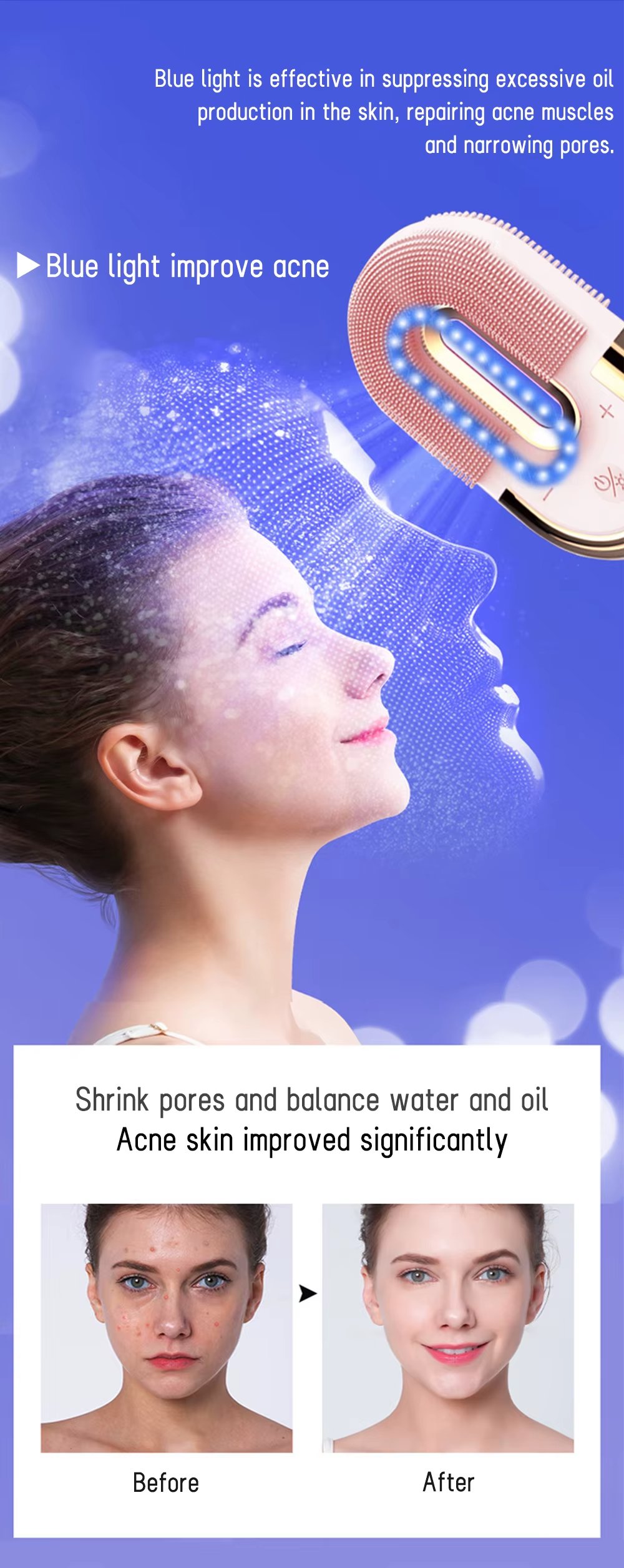 IPX7 Waterproof Personal Silicone Wireless Charging LED Red Light Therapy Deep Cleansing Vibration Facial Cleansing Brush