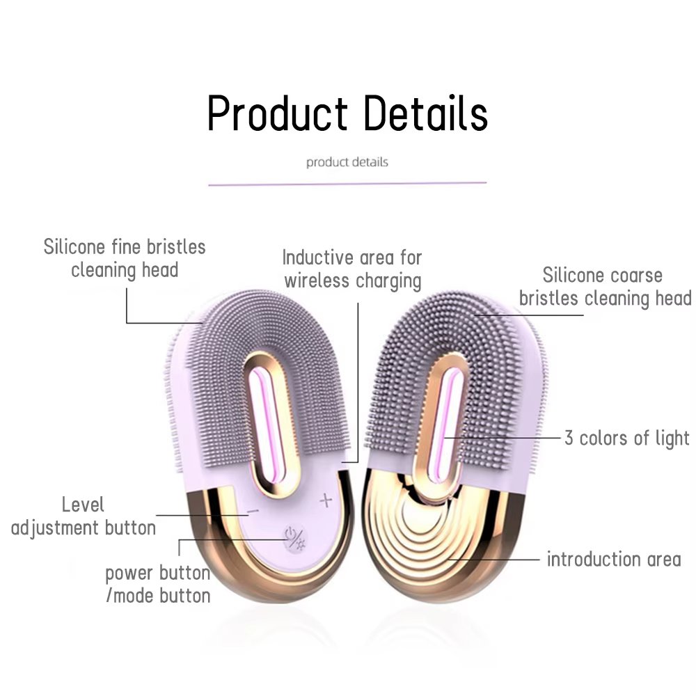 IPX7 Waterproof Personal Silicone Wireless Charging LED Red Light Therapy Deep Cleansing Vibration Facial Cleansing Brush