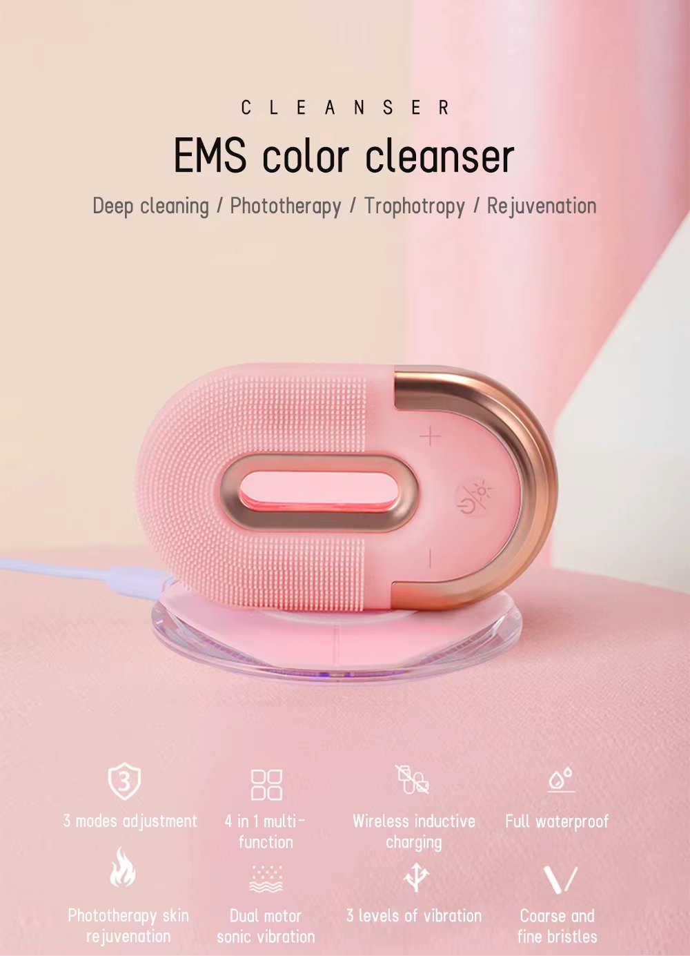 IPX7 Waterproof Personal Silicone Wireless Charging LED Red Light Therapy Deep Cleansing Vibration Facial Cleansing Brush