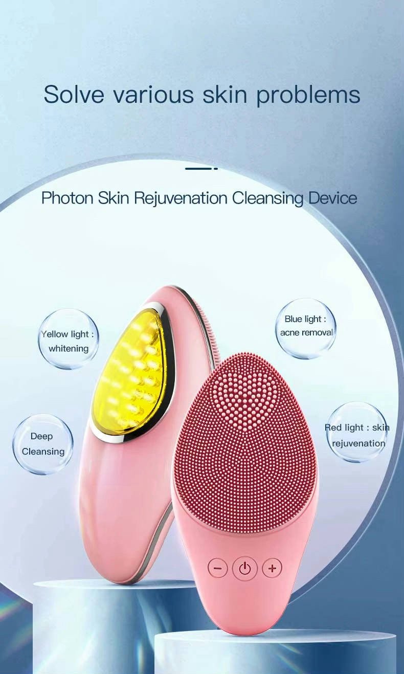 Red Light Therapy Beauty Device Electric Face Clean Silicon Cleanser 2 in 1 Facial Cleansing and Skin Rejuvenation Face Cleansing Brush
