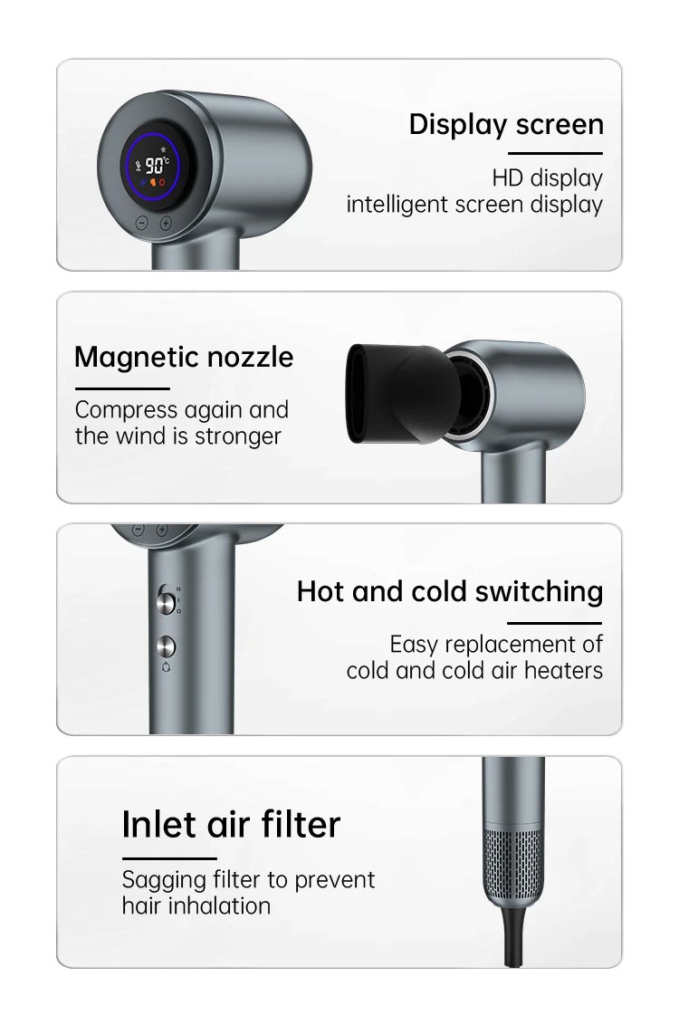 1600W High Speed Brushless Motor Negative Ionic Hot Cold Fast Drying Low Noise Hair Dryer Salon Household LED Display