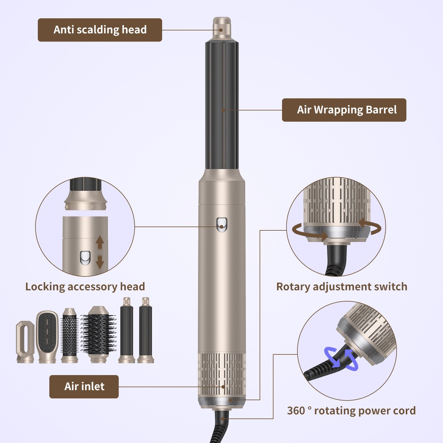 6 in 1 Ionic Hair Dryer Multi-Function Hair Styling Tool One Step Curling Iron Hair Straightener Brush
