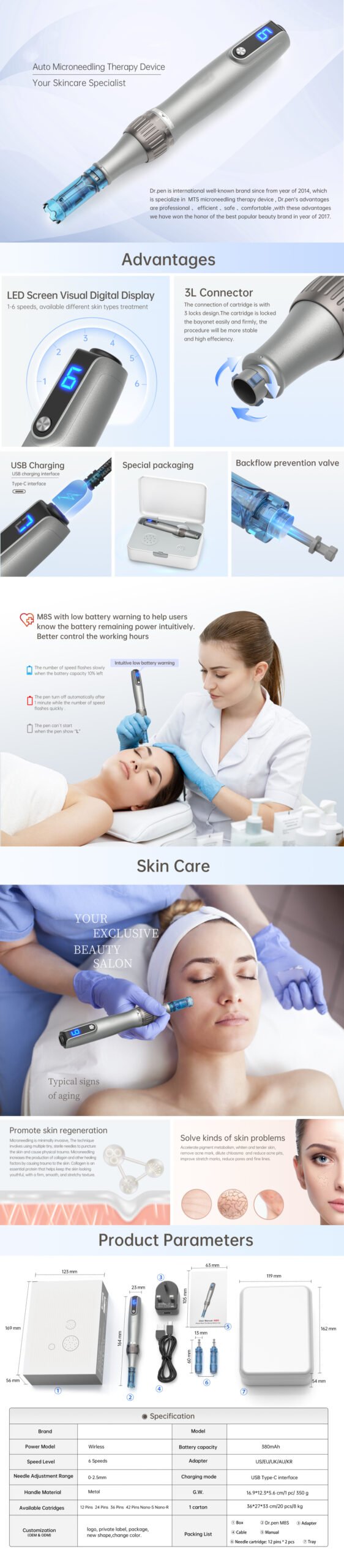 Hand-held Beauty Care Facial Tool Microneedle Dr pen for Firming lifting Skin