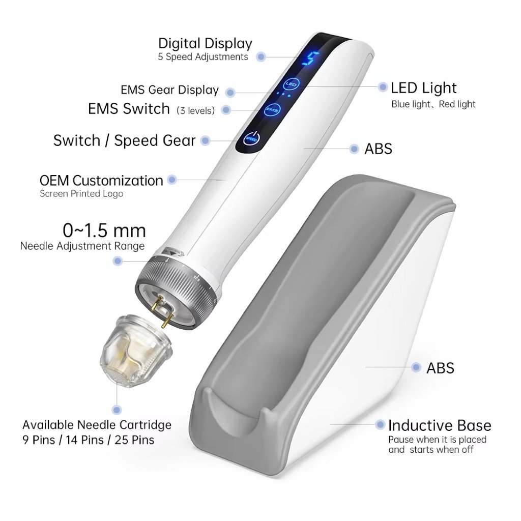 Microcurrent Electronic Pen LED Light Therapy Gold Needle EMS for Body Targeted Hair Growth Skin Rejuvenation