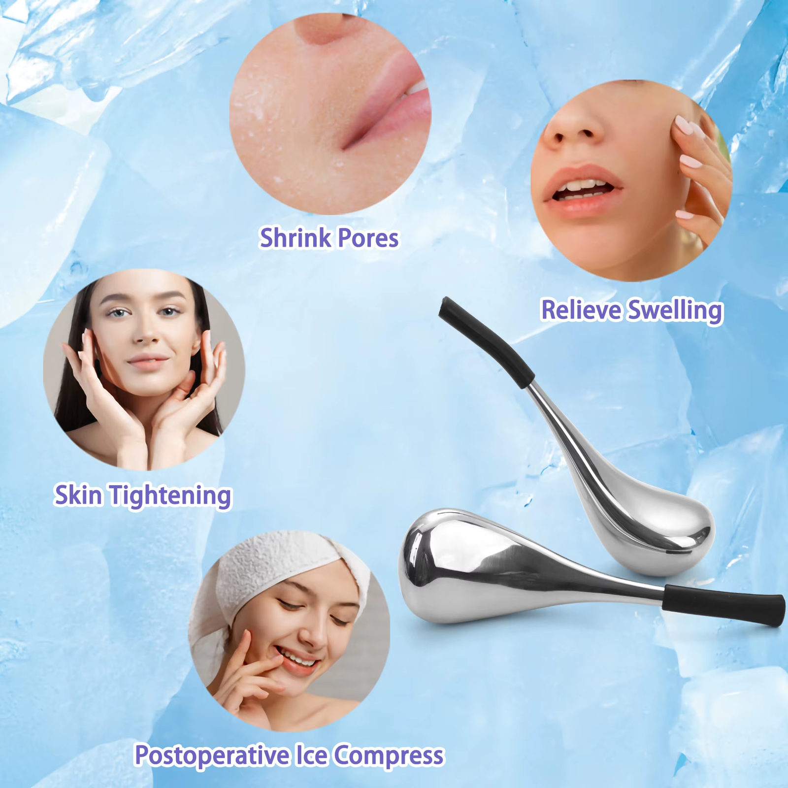 Stainless Steel Ice Globes Facial Ice Roller Massager Face Cooling Tighten Skin